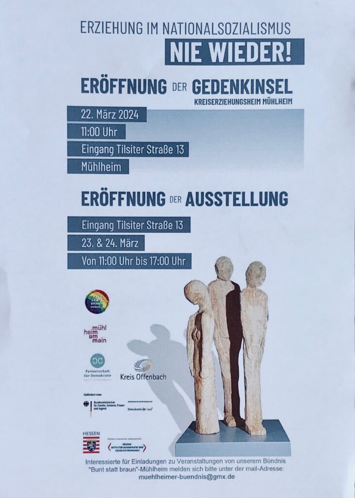 Flyer zu der Eröffnung der Gedenkinsel, der Ausstellung und der Veranstaltung zu Zwangssterilisation und "Euthanasie"